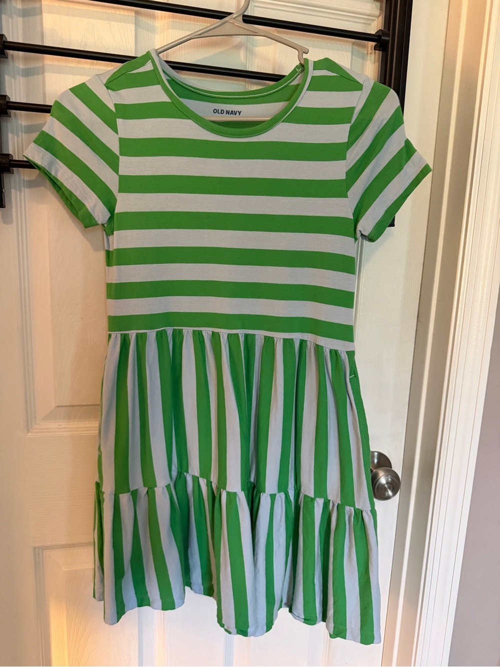 Old Navy Green and White Striped Tiered Short-Sleeve Dress